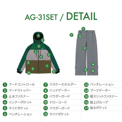 【10月上旬発送予定】 ASHGREEM アッシュグリーム スノーボードウェア 3レイヤー 3色切替ジャケット 上下セット AG-31SET